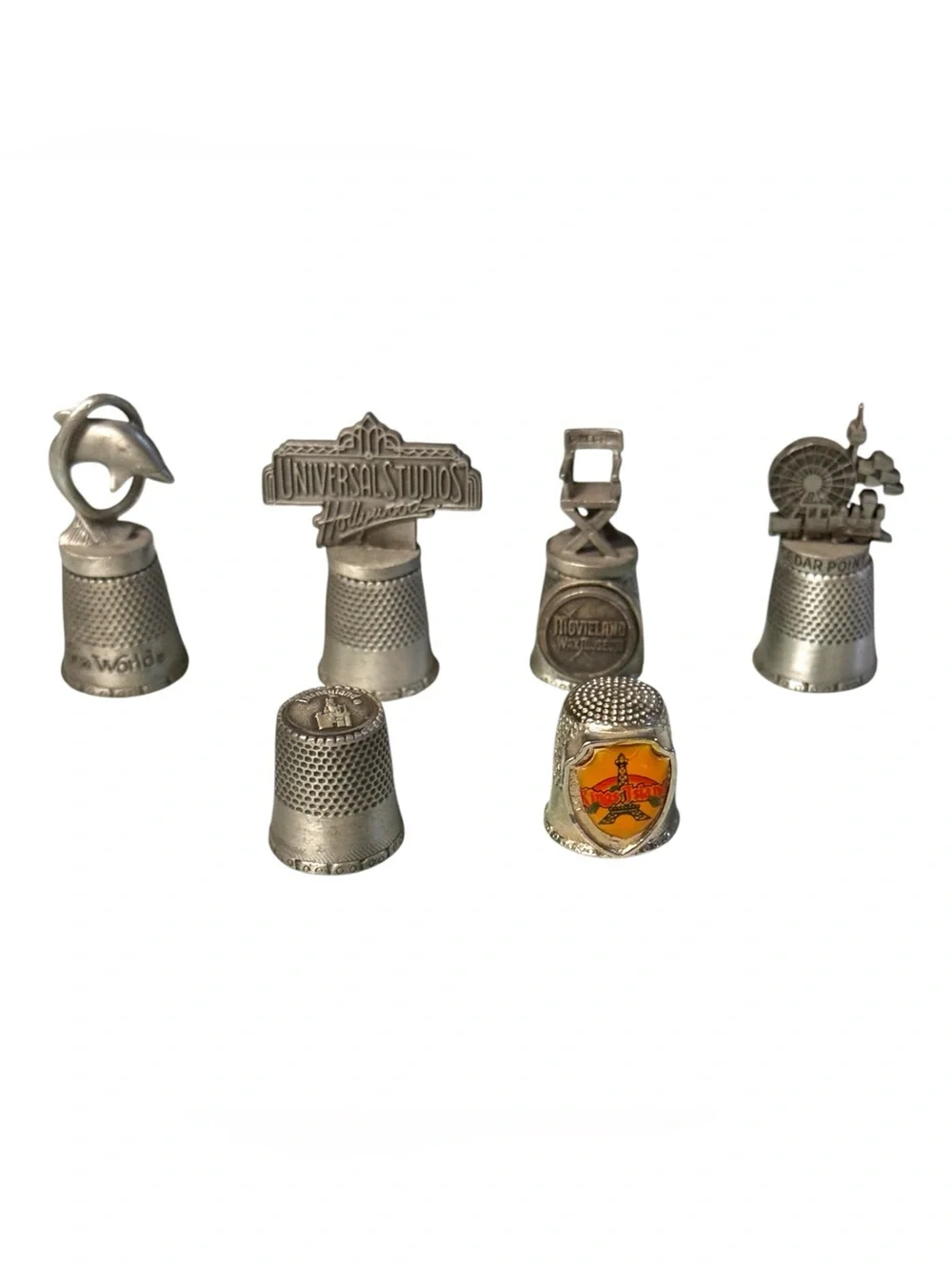 6 Pc 70’s & 80’s Pewter Thimble Amusement Park Bundle Disney Universal Sea World